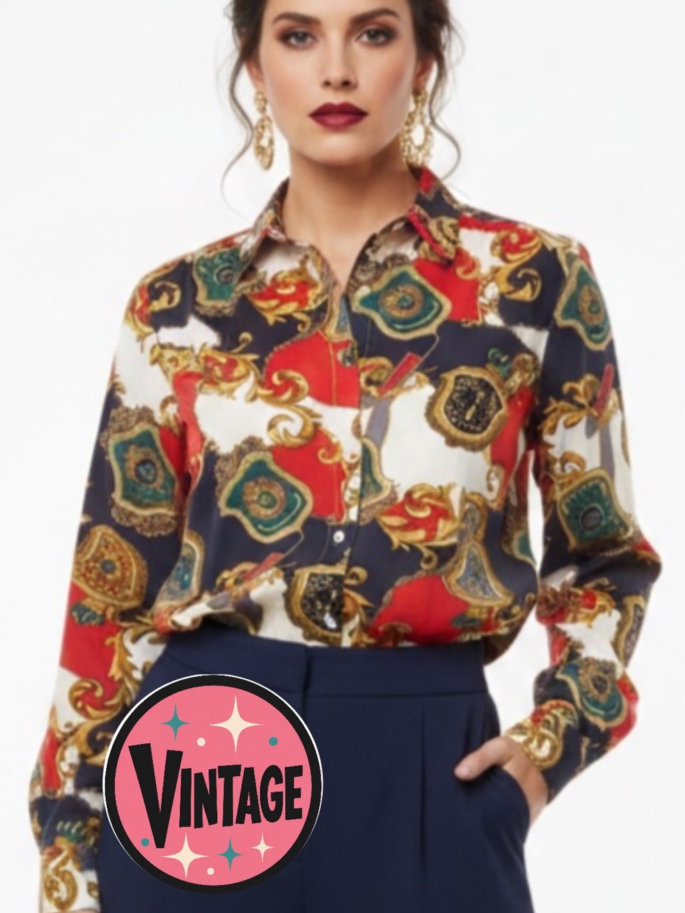 VTG 80s Alfred Dunner Mob Wife Baroque Royal Crest Chain Silk Feel Blouse 16